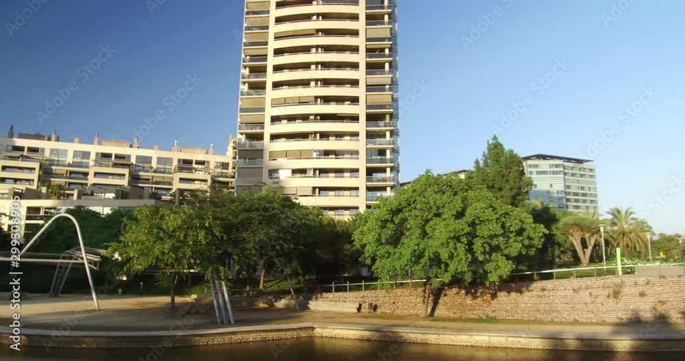 Sustainable city with urban park. Park in the city of Bacrcelona with lake and trees surrounded by apartment and office buildings. Smooth camera movement: Panning right. Sustainable city with urban park. Park in the city of Bacrcelona with lake and trees surrounded by apartment and office buildings. Smooth camera movement: Panning right.