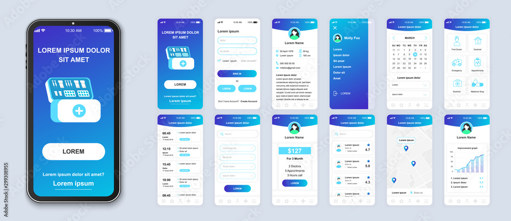Medicine smartphone interface vector templates set. Healthcare mobile app page blue design layout. Pack of UI, UX, GUI screens for application. Phone display. Web design for online clinic kit - obrazy, fototapety, plakaty 