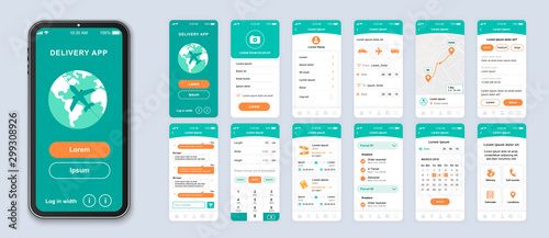 Delivery smartphone interface vector templates set. Mobile app page green design layout. Pack of UI, UX, GUI screens for application. Phone display. Worldwide parcel shipping web design kit