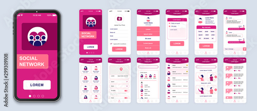 Social network smartphone interface vector templates set. Internet communication. Mobile app page pink design layout. Pack of UI, UX, GUI screens for application. Web design elements kit