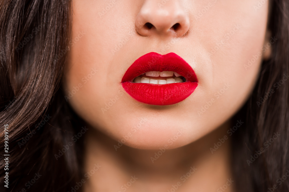Fototapeta premium cropped view of young woman with red lips