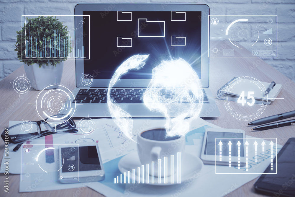 Stock market graph and table with computer background. Multi exposure. Concept of financial analysis. Stock market graph and table with computer background. Multi exposure. Concept of financial analysis.