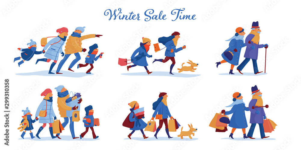 Family of father, mother and kids, friends and elder couple in warm clothes hurrying to winter sale and carrying shopping bags, flat cartoon vector illustration isolated on white background