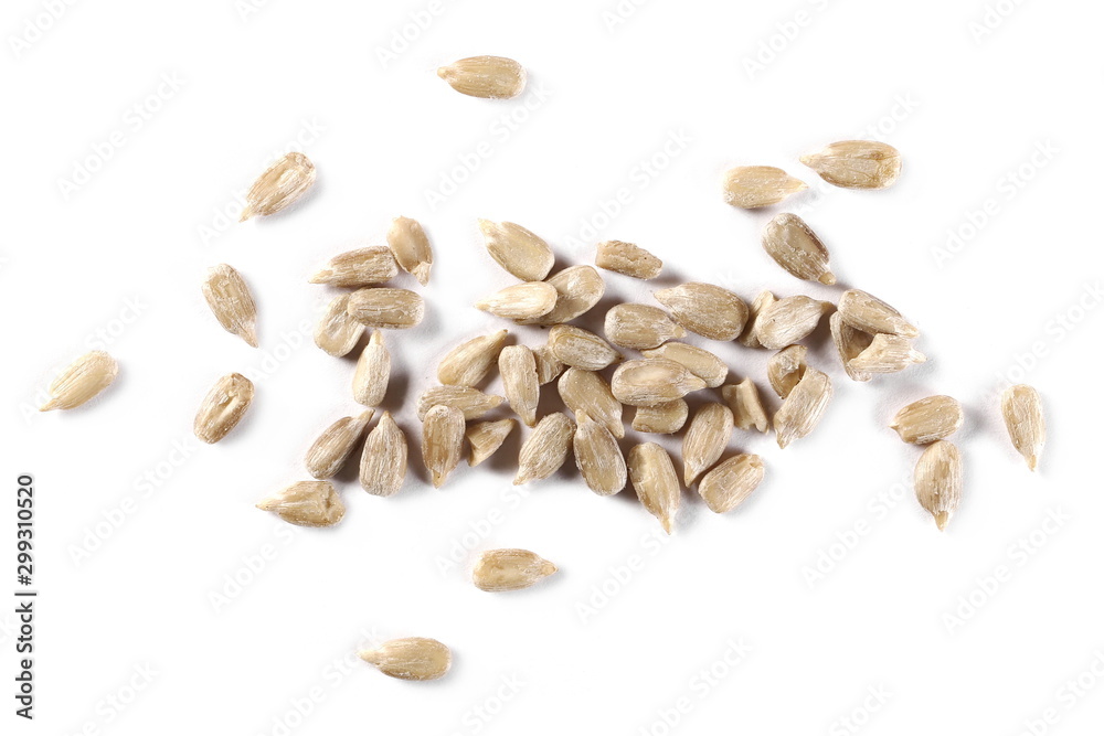 Peeled sunflower seeds isolated on white background, top view - obrazy, fototapety, plakaty 