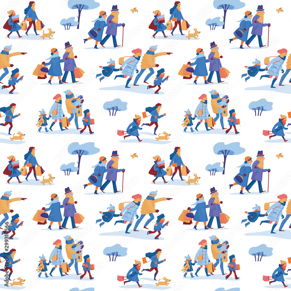 Winter sale seamless pattern with two friends, family of four, elder couple, dog and bird hurrying to shopping and going home with many shopping bags, purchases, goods on white background