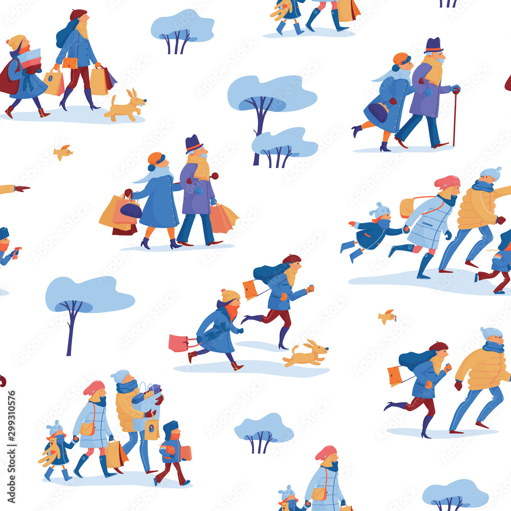 Winter sale seamless pattern with family of four, friends and elder couple in warm clothes before and after shopping, hurrying to a shop and carrying shopping bags, white background Winter sale seamless pattern with family of four, friends and elder couple in warm clothes before and after shopping, hurrying to a shop and carrying shopping bags, white background