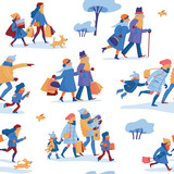 Winter sale seamless pattern with family of father, mother and kids, friends and elder couple in warm clothes hurrying, running to shopping and going home with many shopping bags, white background