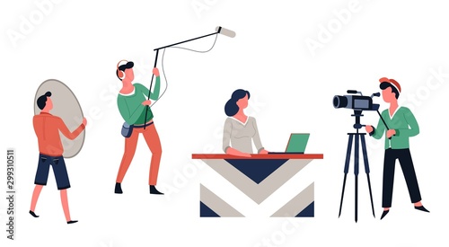 TV show or news shooting female host and filming crew