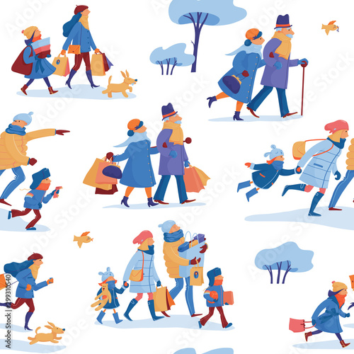 Winter sale seamless pattern with family of father, mother and kids, friends and elder couple in warm clothes hurrying, running to shopping and going home with many shopping bags, white background