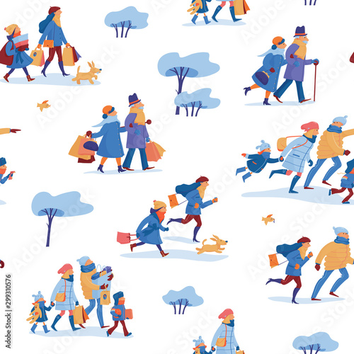 Winter sale seamless pattern with family of four, friends and elder couple in warm clothes before and after shopping, hurrying to a shop and carrying shopping bags, white background
