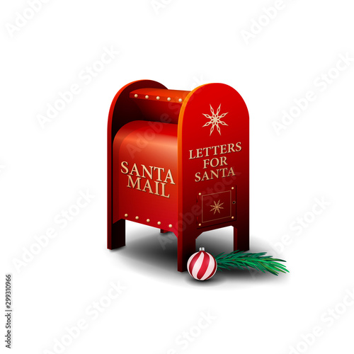 Red Santa letterbox with Christmas tree btanch and ball isolated on white background