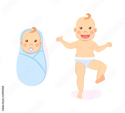 Baby milestones, period from 1 to 12 month, newborn swaddled infant and one year old toddler isolated. Children, baby shower concept. Vector illustration in flat cartoon style