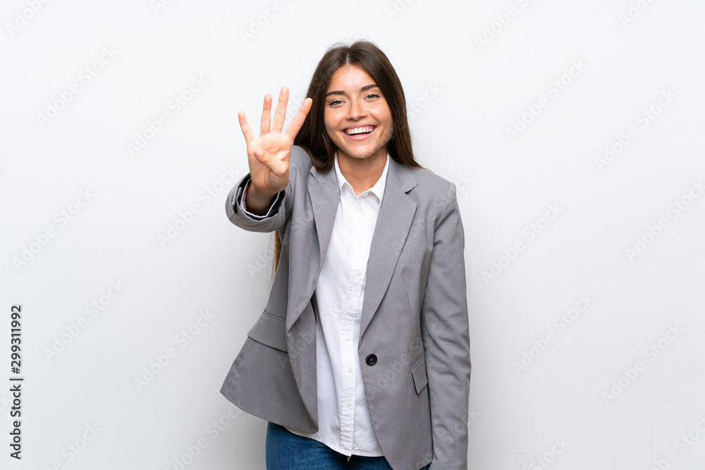 Young business woman over isolated white background happy and counting four with fingers Young business woman over isolated white background happy and counting four with fingers