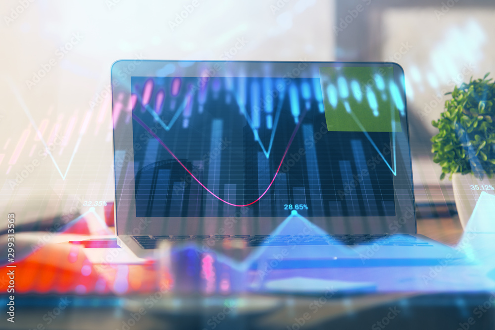 Stock market graph and table with computer background. Double exposure. Concept of financial analysis. Stock market graph and table with computer background. Double exposure. Concept of financial analysis.