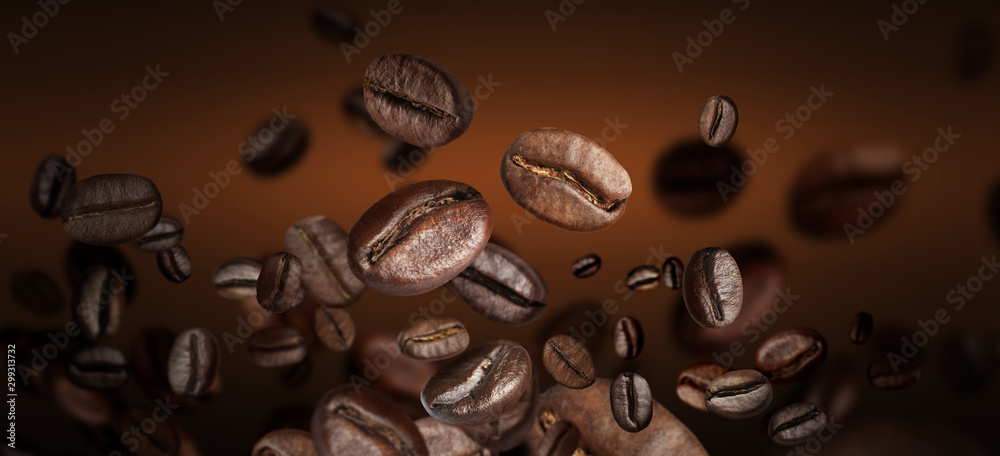 Roasted coffee beans on grey background, closeup Roasted coffee beans on grey background, closeup