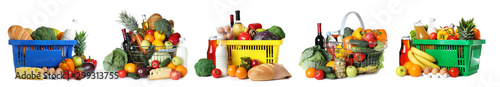 Set of shopping baskets with grocery products on white background photo