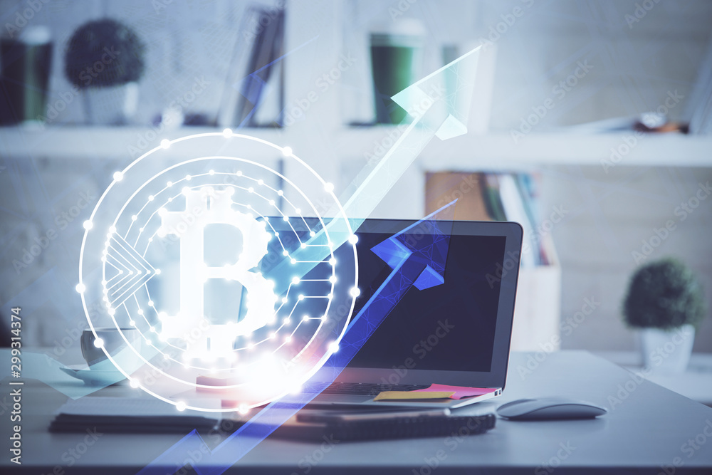 Multi exposure of blockchain theme hologram and table with computer background. Concept of bitcoin crypto currency. Multi exposure of blockchain theme hologram and table with computer background. Concept of bitcoin crypto currency.