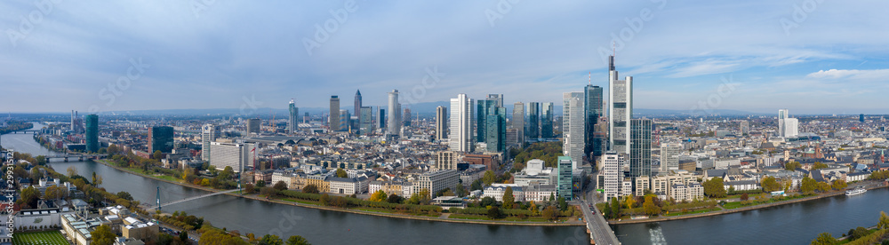 Fototapeta premium Frankfurt am Main Aerial view with drone. Looking towards the central bank. Main river flowing near Frankfurt. Frankfurt am Main Germany 30.10.2019