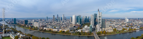 Frankfurt am Main Aerial view with drone. Looking towards the central bank. Main river flowing near Frankfurt. Frankfurt am Main Germany 30.10.2019 © Tudorean