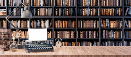 Office desk with old typewriter and Bookshelves in the library with old books 3d render 3d illustration