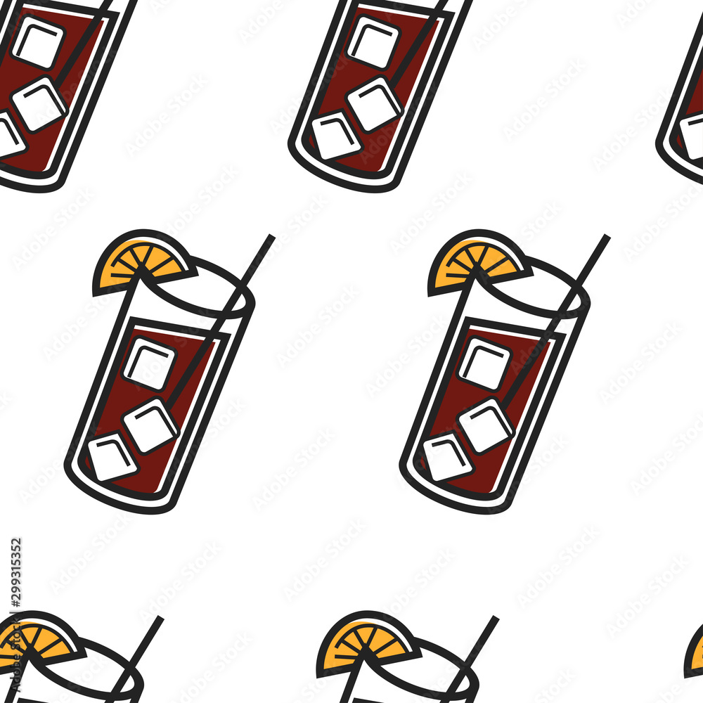 Cuban cocktail seamless pattern cola rum and ice lemon slice