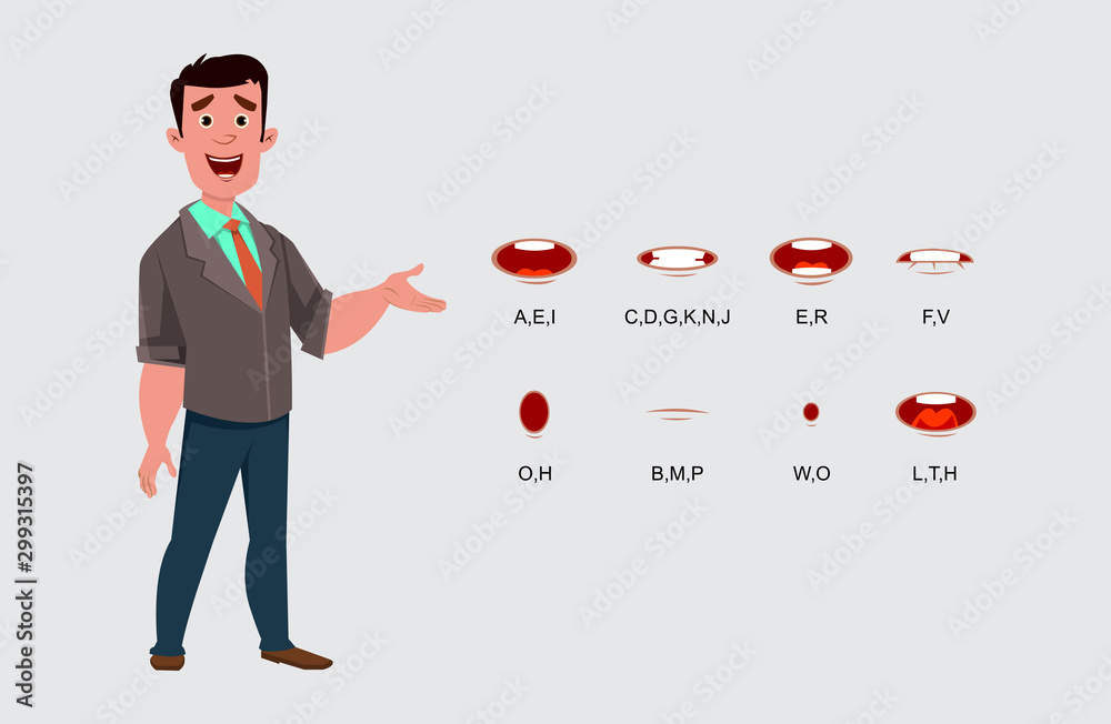 Businessman character with different lip sync for your design, motion and animation. Character sheet for your design, animation, motion or something else.