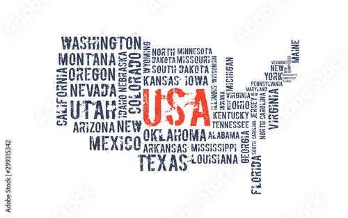 United States of America. Cloud of words in contour of America. Vector illustration. Word of various sizes on the topic