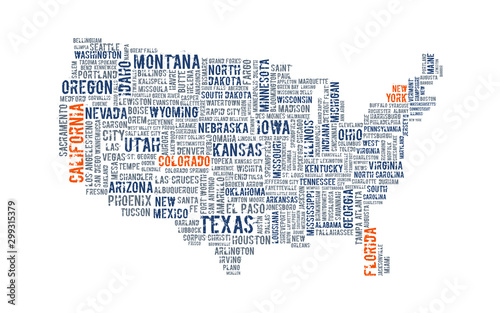 United States of America. Cloud of words in contour of America. Vector illustration. Word of various sizes on the topic