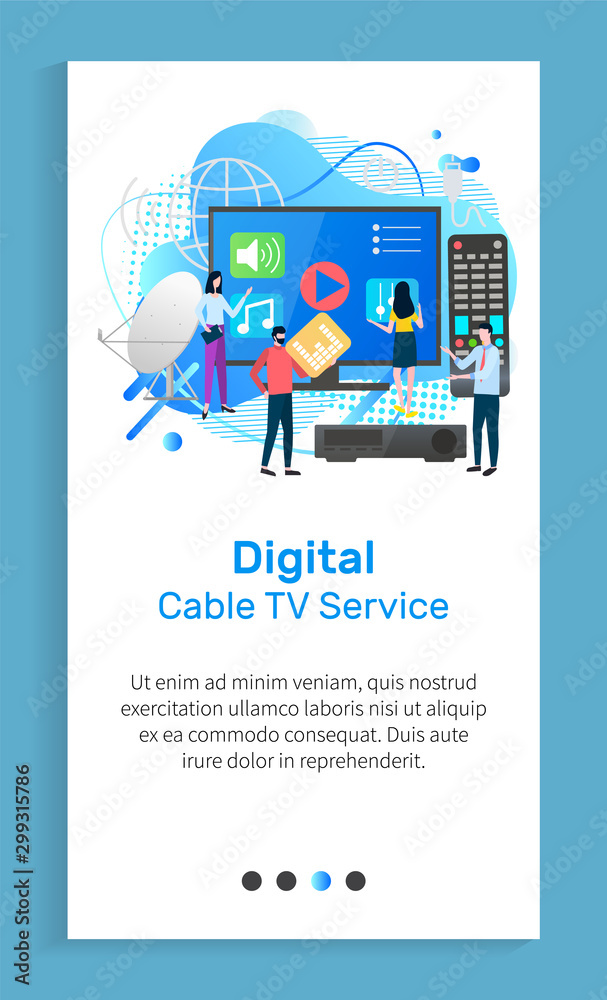 Digital cable tv service, people with monitors and remote controller,  clients using application for relaxation at home, screen with button.  Website or app slider template, landing page flat style vector de Stock
