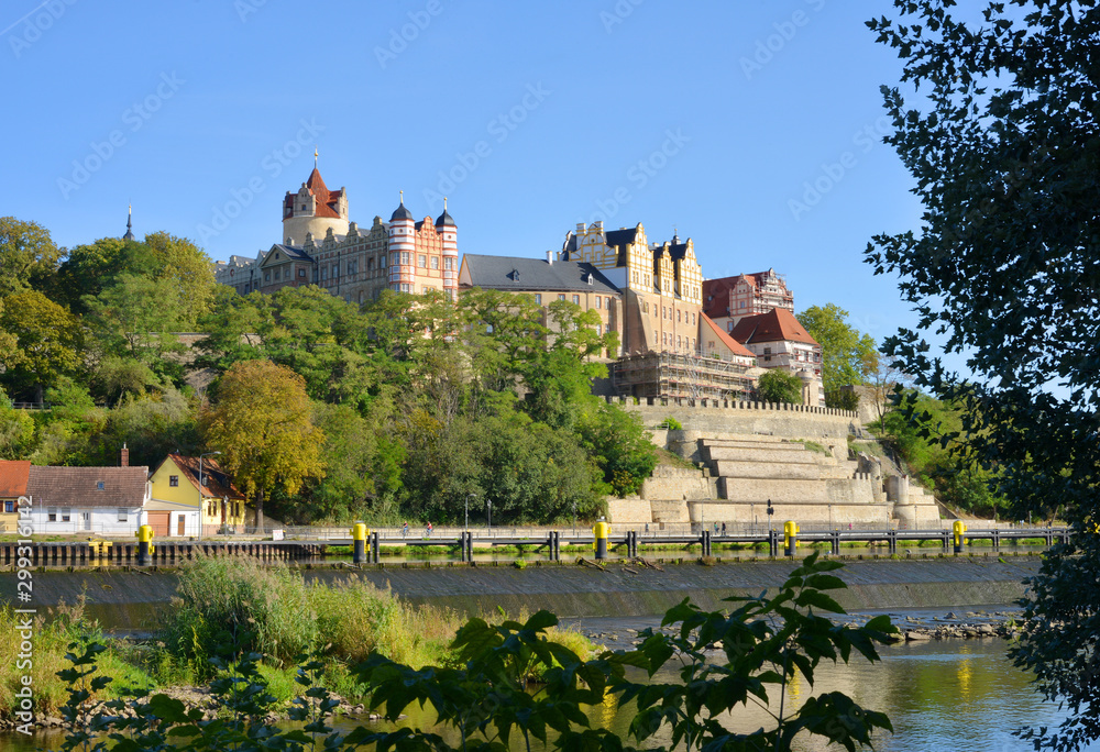 Beautiful view to the castle in Bernburg on the river Saale in Germany