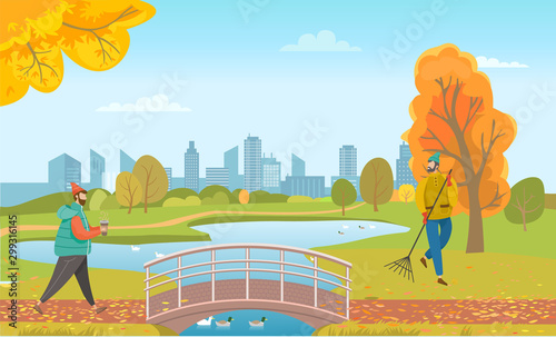 Man walking in park with cup of coffee. Janitor sweeping orange foliage on outdoor territory. Bridge under lake with swimming ducks. People in autumn lawn and beautiful cityscape on background, vector