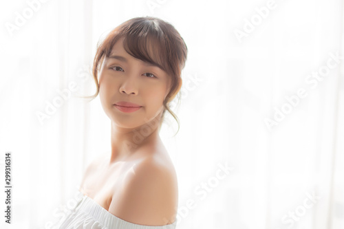 Beautiful portrait young asian woman makeup of cosmetic, asia girl smile and happy attractive, face beauty perfect with wellness skin care and healthcare, lifestyle wellbeing concept.