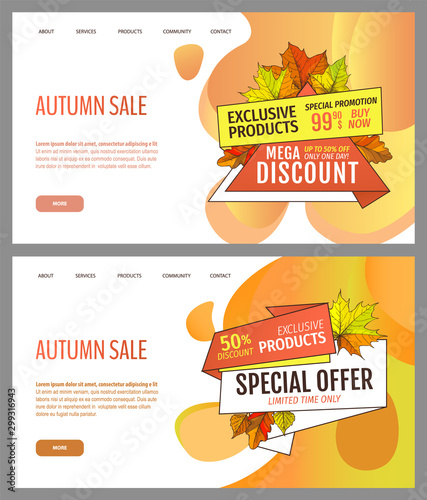 Set of cards with seasonal proposition from store, vector. Shop sale in autumn. Autumnal offer discounts. Fall leaves with gold tags. Flyer hot price and lowered cost, promotion premium quality goods