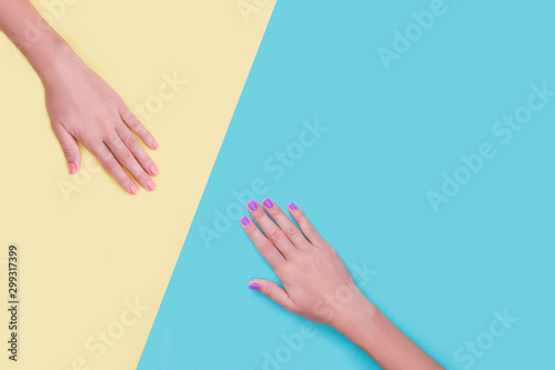 Bright manicure on diffrent backgrounds.