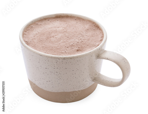 Delicious cocoa drink in cup on white background