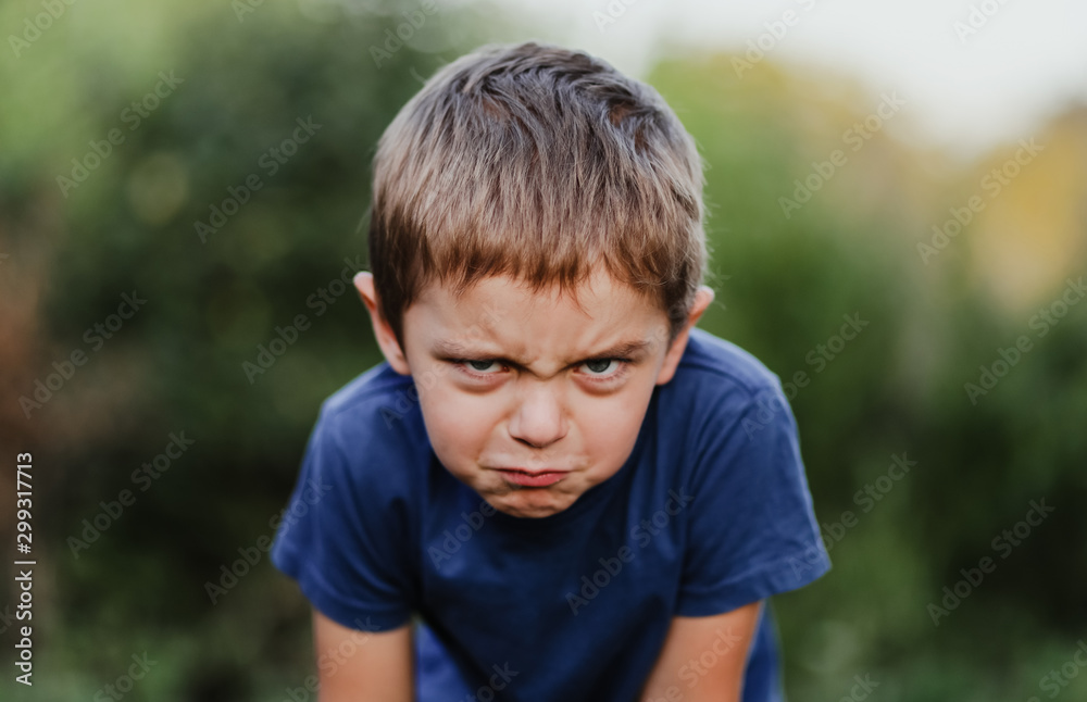  Portrait of a little boy on a blurry green nature background. The child is angry and looks in the frame
