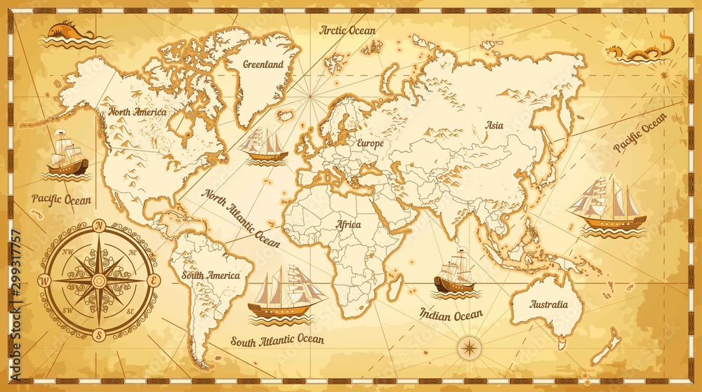 Foto Canvas Oude wereldkaart schepen en kompas -