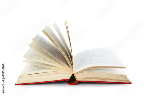 Open hardcover old book on white background