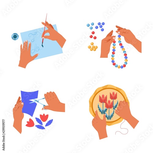 Hands handicraft hobby and art painting cutting embroidery and beads