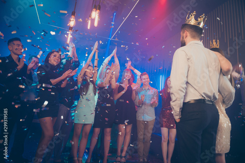 Nice attractive luxury stylish trendy lovely cheerful cheery glad company guys students gathering clubbing social life event occasion nightlife at fashionable modern nightclub indoors