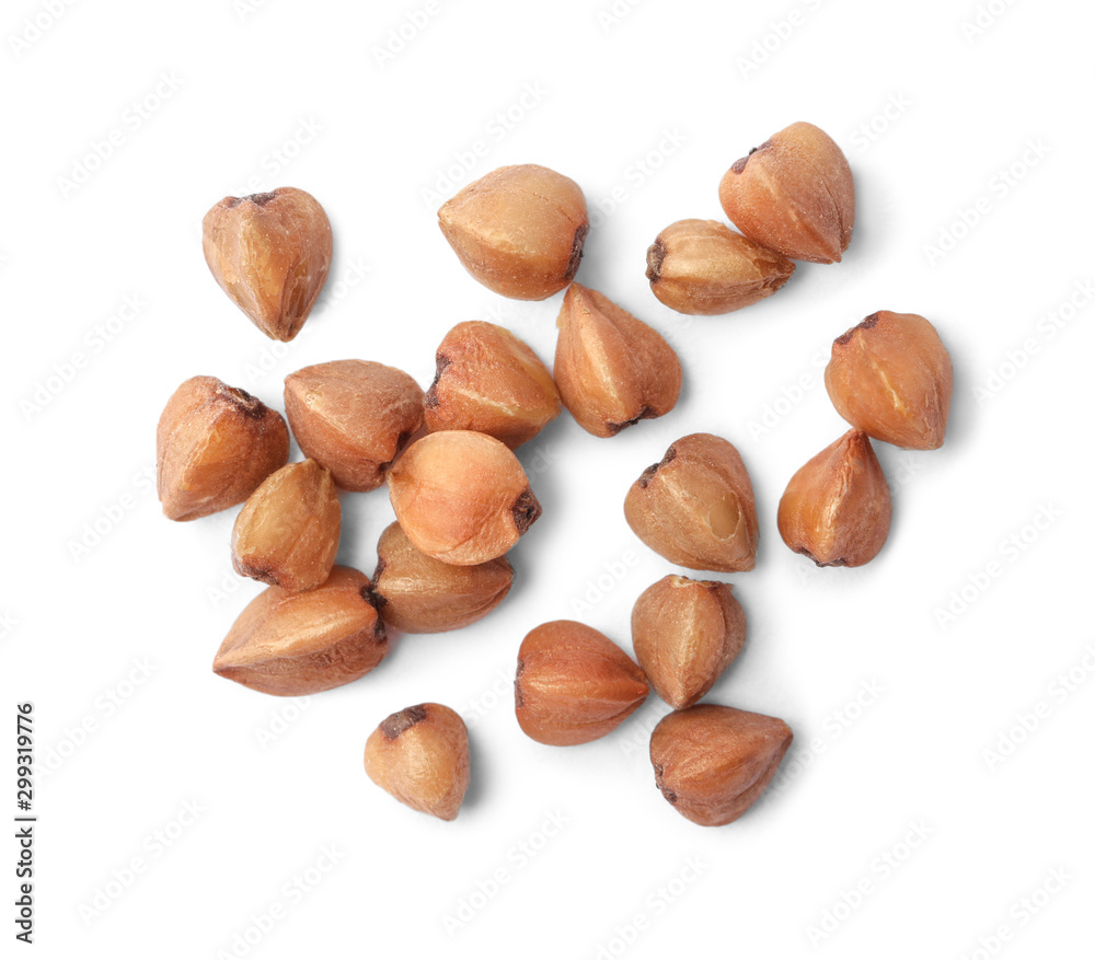 Buckwheat grains isolated on white, top view. Organic cereal Buckwheat grains isolated on white, top view. Organic cereal