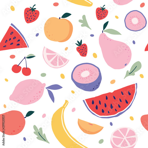 Fototapeta Naklejka Na Ścianę i Meble -  Abstract seamless pattern with fruits and berries. Hand draw texture. Vector template for cards, banners, print fabric, t-shirt