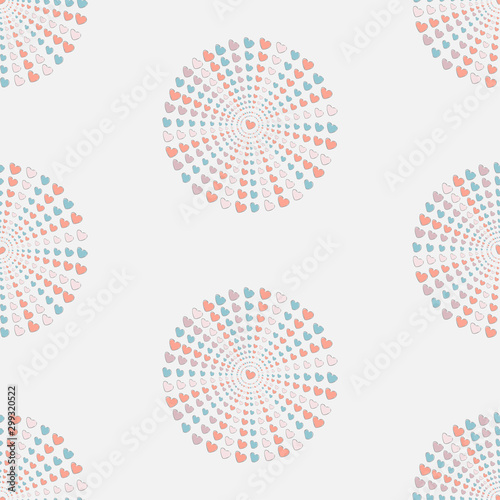 Seamless pattern, hand drawn hearts in brush organised into circles