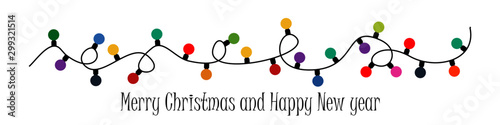 Christmas card. Colorful Christmas lights in flat style. Merry Christmas lettering. Vector Illustration EPS 10.