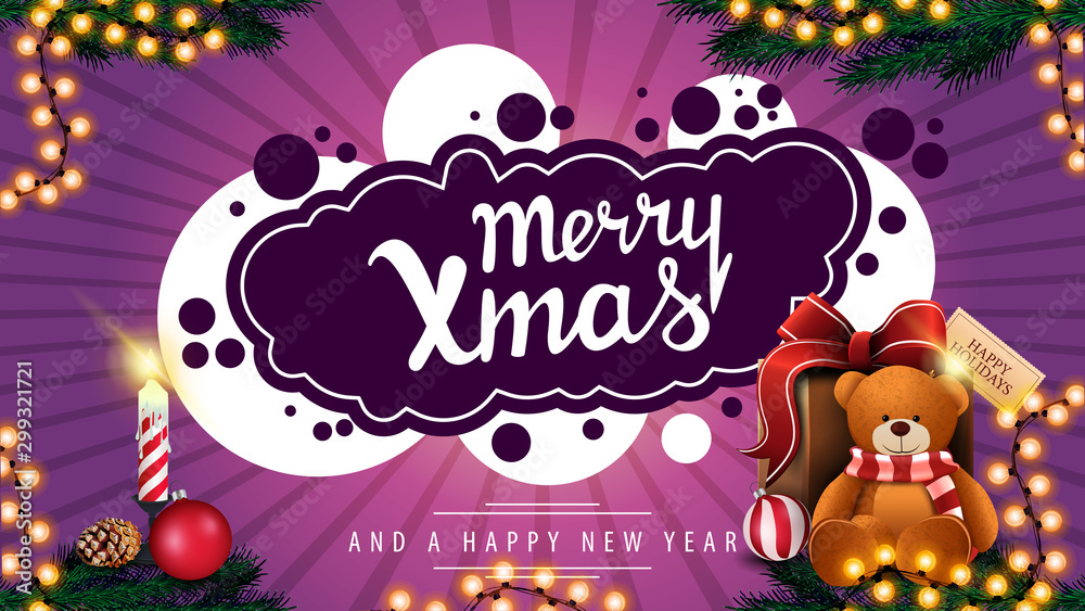 Naklejka premium Merry Christmas, purple postcard with garland, candle and present with Teddy bear