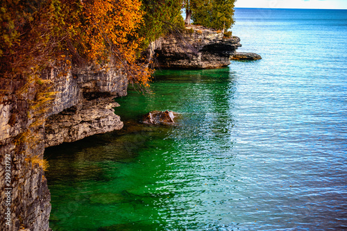 Rock formations on the eastern coast of Door County, Wisconsin, USA next to Lake Michigan. photo