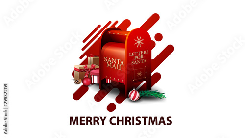Merry Christmas, white modern postcard with red abstract liquid shapes and Santa letterbox with presents