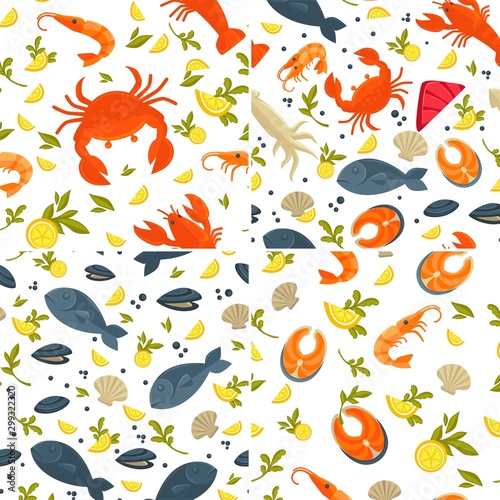 Fish and crab seafood seamless patterns lobster and squid