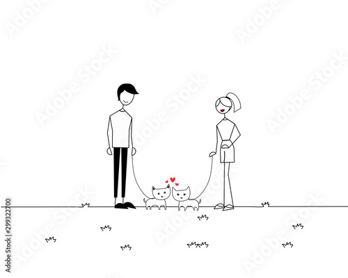 Man meet woman at park while taking the dog for walk.