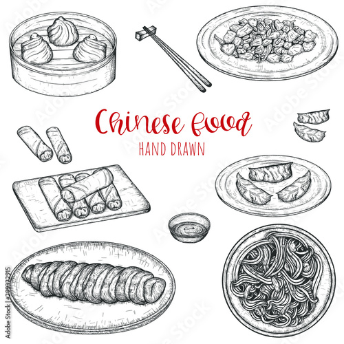 Chinese popular dishes hand drawn vector set, sketched isolated illustration of meals.